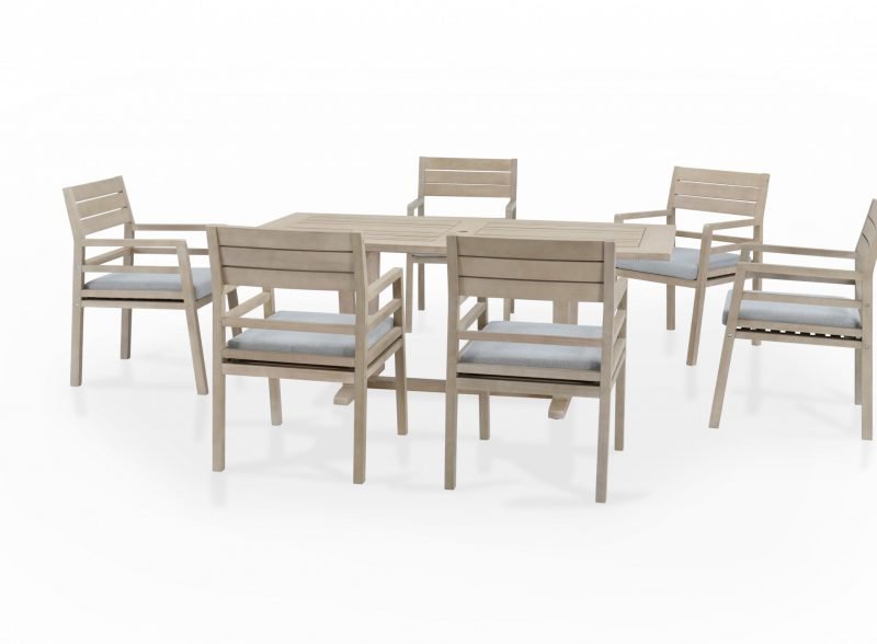 Conjunto mesa y sillas jardín 6 plazas madera y cojines – Madeira
