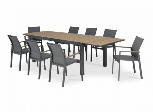Conjunto mesa jardín 300/200×100 cm y 8 sillas aluminio antracita textileno acolchado– Osaka