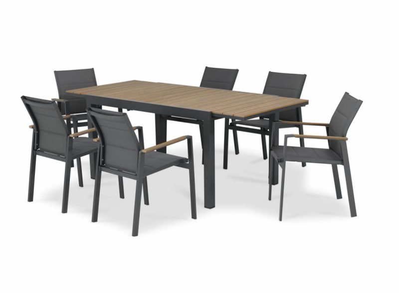 Set tavolo da giardino 200/140×90 cm e 6 sedie alluminio antracite e tessuto trapuntato – Osaka