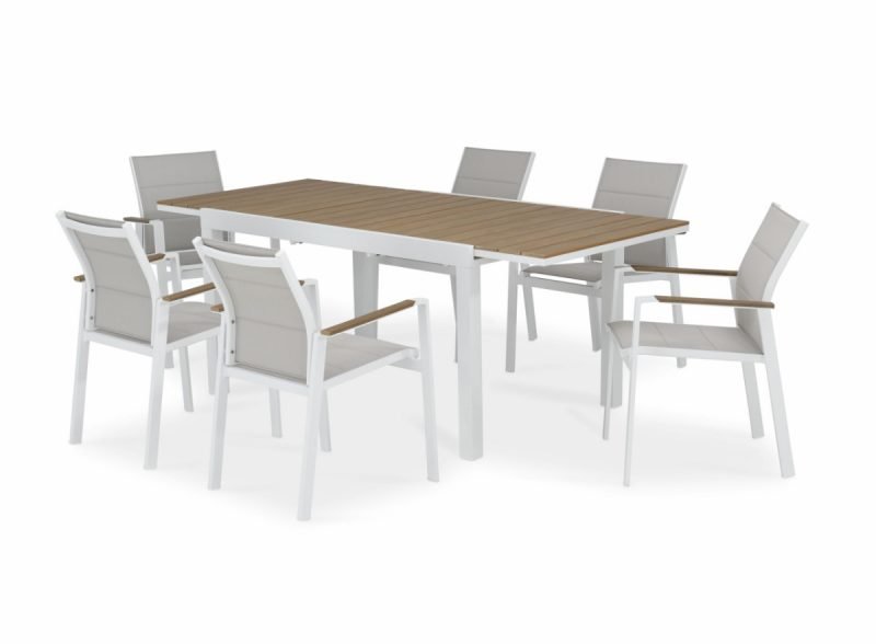 Gartentischgarnitur 200/140×90 cm und 6 Stühle aus weißem Aluminium und gestepptem Textil – Osaka
