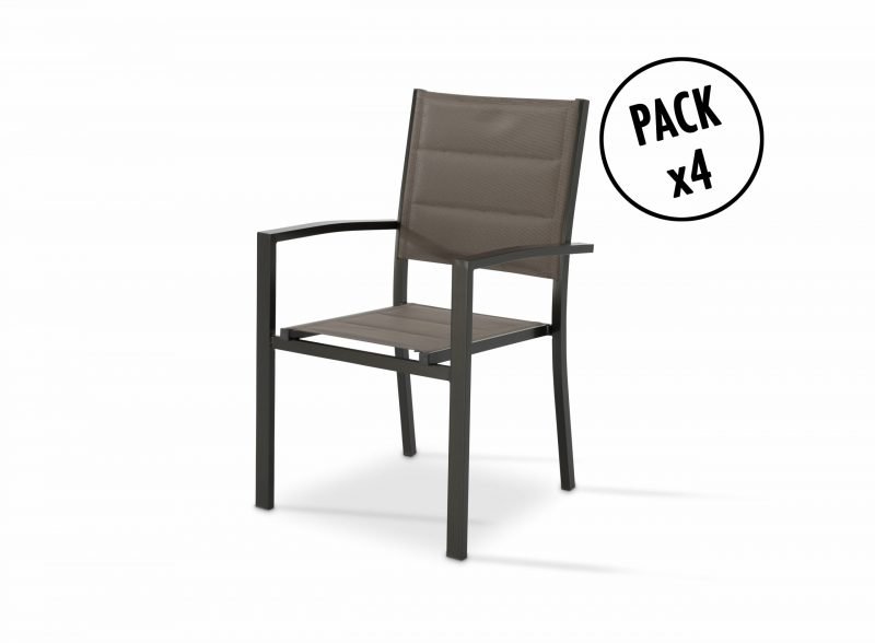 Lot de 4 chaises empilables en aluminium et textilène tapissé marron – Tokyo