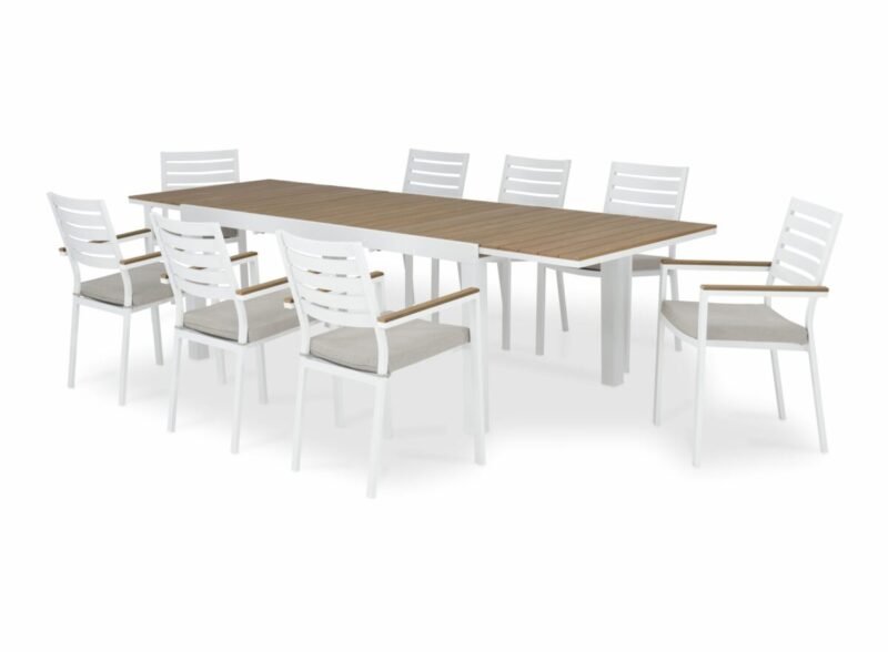 Conjunto mesa jardín 300/200×100 cm y 8 sillas aluminio blanco – Osaka