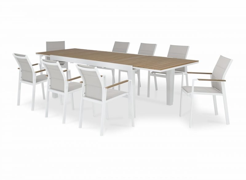 Conjunto mesa jardín 300/200×100 cm y 8 sillas aluminio blanco y textileno acolchado – Osaka
