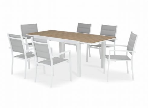 Conjunto mesa jardín Osaka 200/140×90 cm y 6 sillas Tokyo aluminio blanco