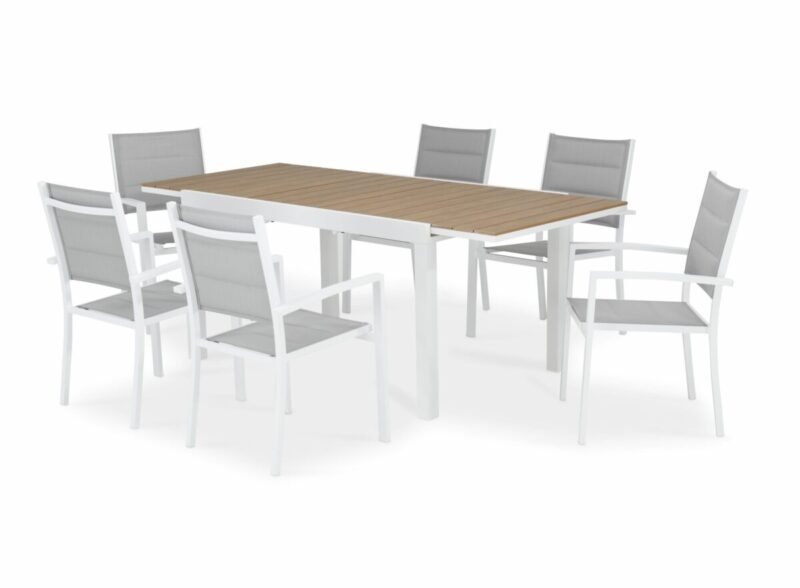 Conjunto mesa jardín Osaka 200/140×90 cm y 6 sillas Tokyo aluminio blanco