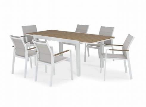 Conjunto mesa jardín 200/140×90 cm y 6 sillas aluminio blanco y textileno acolchado – Osaka