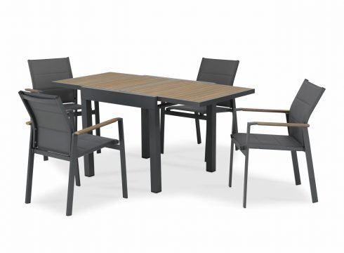 Conjunto mesa jardín 160/80×80 cm y 4 sillas aluminio antracita y textileno acolchado – Osaka