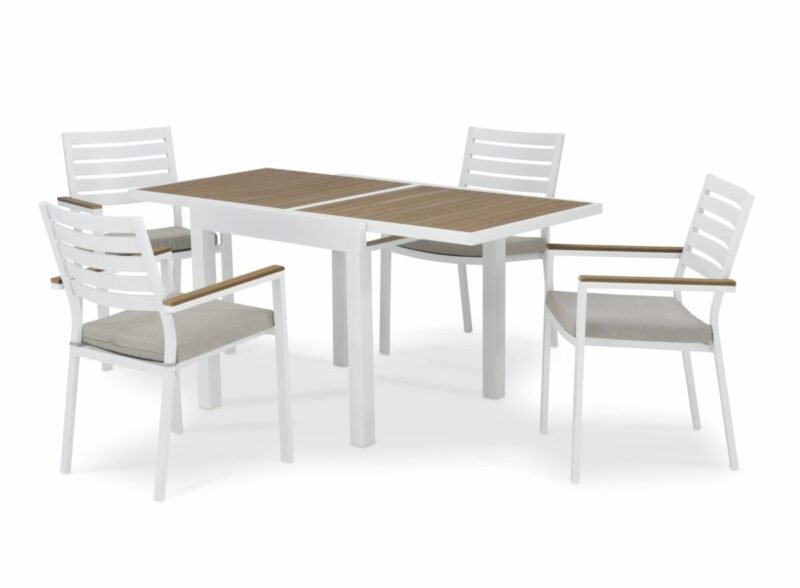 Conjunto mesa jardín 160/80×80 cm y 4 sillas aluminio blanco – Osaka