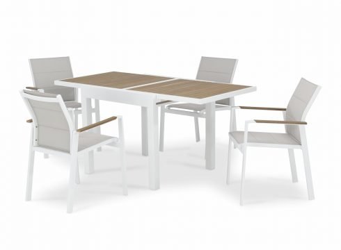 Conjunto mesa jardín 160/80×80 cm y 4 sillas aluminio blanco y textileno acolchado – Osaka