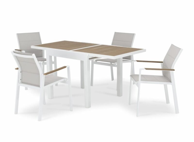 Gartentischgarnitur 160/80×80 cm und 4 Stühle aus weißem Aluminium und gestepptem Textil – Osaka