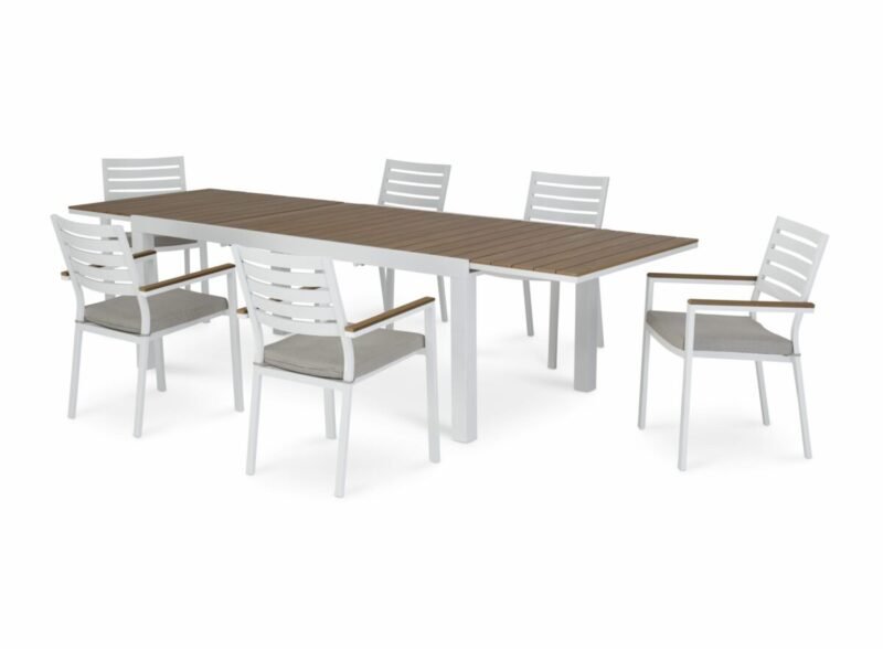 Conjunto mesa jardín 300/200×100 cm y 6 sillas aluminio blanco – Osaka