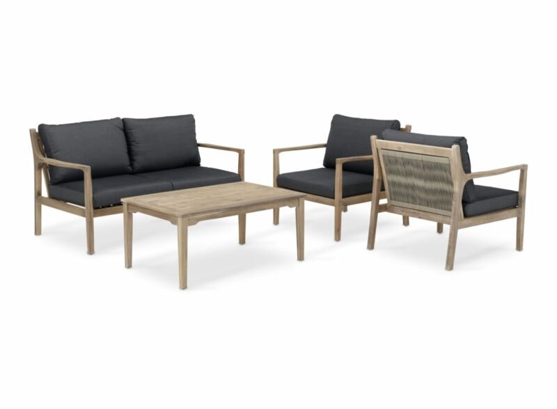 Gartenset 4-Sitzer aus hellem Holz und Seil – Burgund