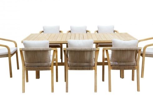 Conjunto mesa jardín 230×100 cm y 8 sillas madera y cuerda – Riviera