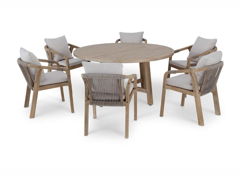 Conjunto mesa redonda jardín 150 cm y 6 sillas de madera y cuerda – Riviera