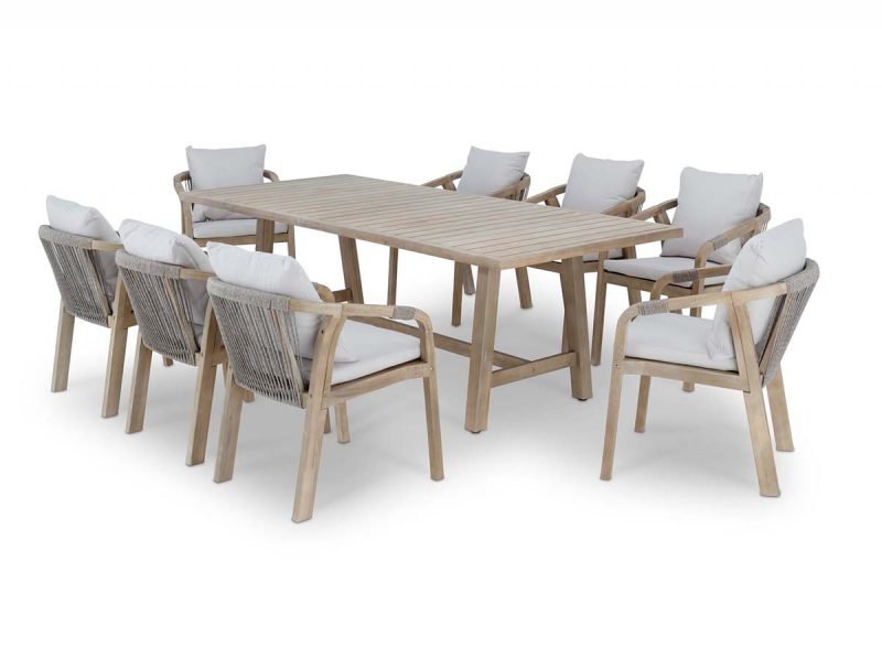 Mesa de jardim 230×100 cm e 8 cadeiras de madeira e corda – Riviera