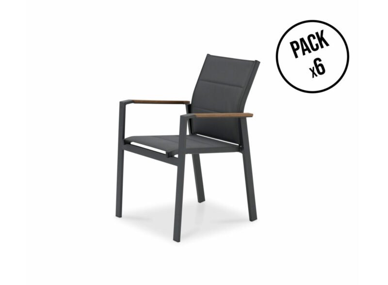 Lot de 6 chaises empilables en aluminium anthracite avec textilène rembourré – Osaka