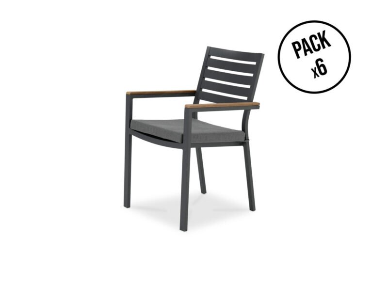 Lot de 6 chaises empilables en aluminium anthracite avec coussin – Osaka