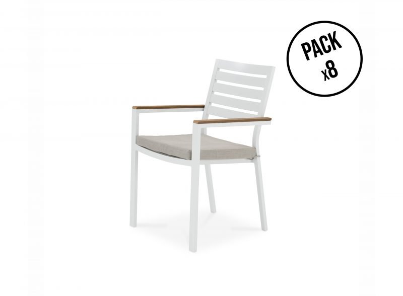Pack de 8 sillas apilables aluminio blanco con cojín – Osaka