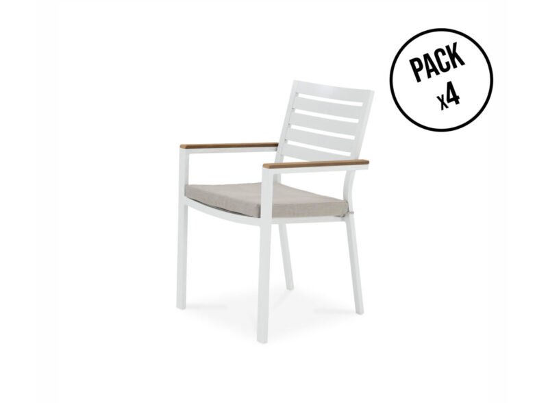 Lot de 4 chaises empilables en aluminium blanc avec coussin – Osaka