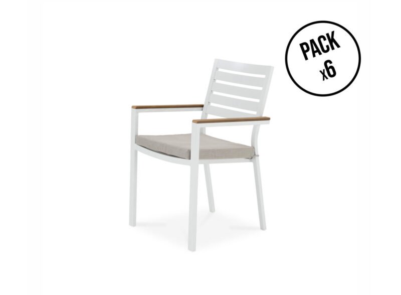 Lot de 6 chaises empilables en aluminium blanc avec coussin – Osaka