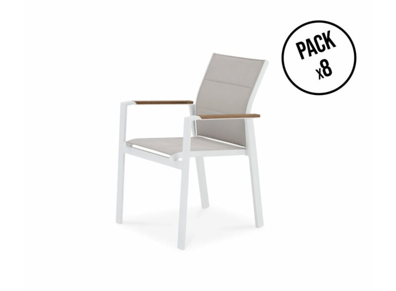 Packung mit 8 stapelbaren Stühlen aus weißem Aluminium und gestepptem Textil – Osaka