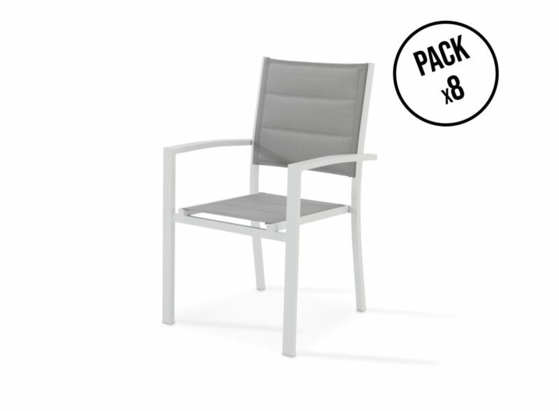 Packung mit 8 stapelbaren Stühlen aus weißem Aluminium und grauem gestepptem Textil – Tokio