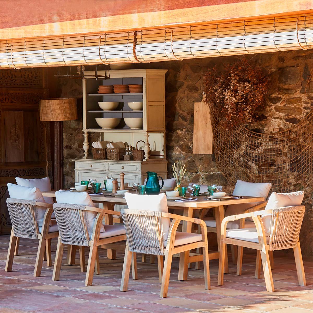 Set tavolo e sedie da giardino 6 posti in legno e corda - Riviera - Kerama