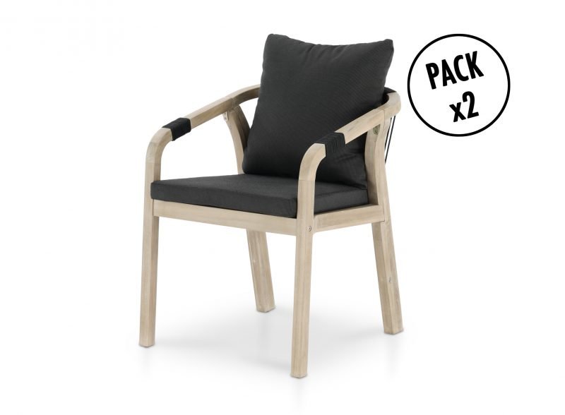 Pack de 2 sillas jardín de madera de acacia y cuerda negra– Zanzíbar