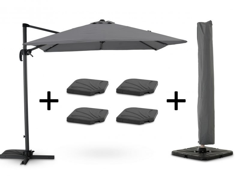 Pack parasol suspendido cuadrado estructura antracita tejido gris claro 2,5×2,5m + bases + funda impermeable – Milán