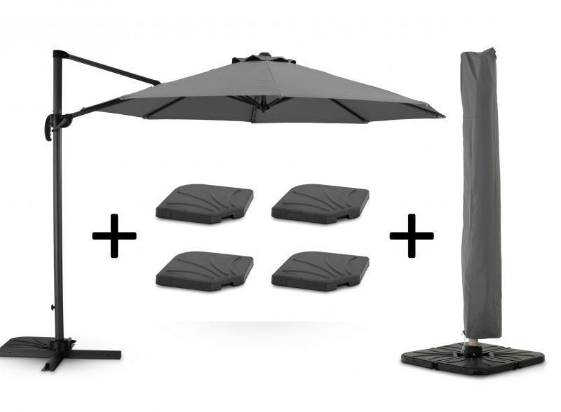 Pack parasol suspendido redondo estructura antracita tejido gris claro 3m + bases + funda impermeable – Milán