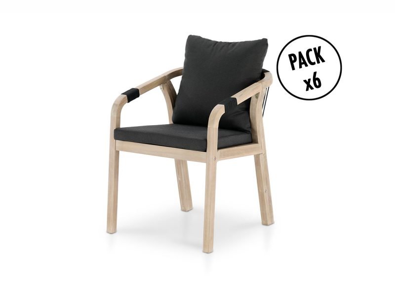 Packung mit 6 Gartenstühlen aus Akazienholz und schwarzem Seil – Sansibar