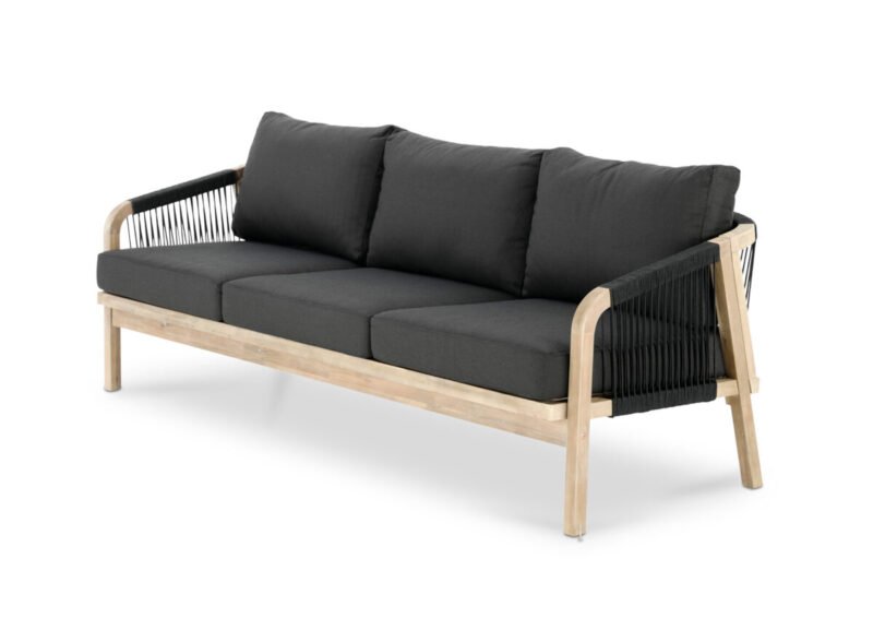 Triple 3 seater sofa in light acacia wood and black cord – Zanzibar