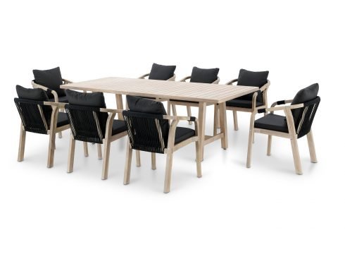 Conjunto mesa jardín 230×100 cm y 8 sillas madera y cuerda negra – Zanzíbar