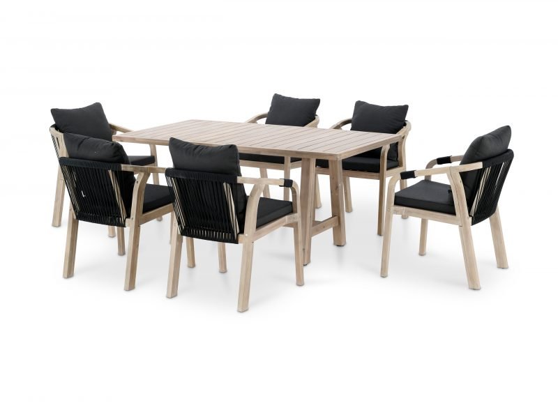Conjunto mesa y sillas jardín 6 plazas madera y cuerda negra – Zanzíbar