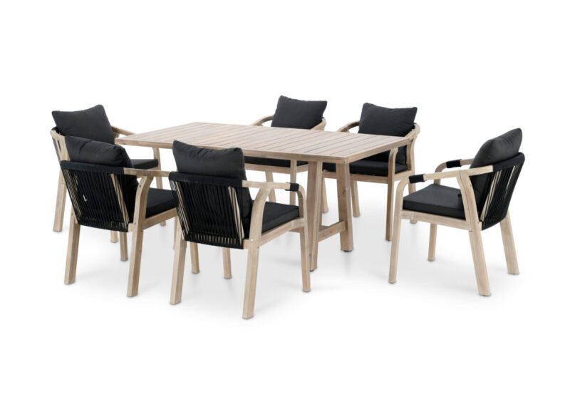 Set tavolo e sedie da giardino 6 posti in legno e corda nera – Zanzibar