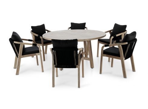 Conjunto mesa redonda jardín 150 cm y 6 sillas de madera y cuerda negra – Zanzíbar