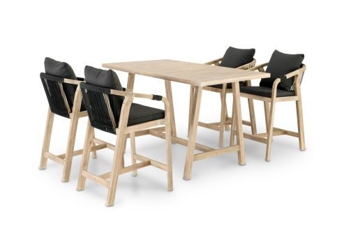 Conjunto de bar mesa 159x90x95 cm y 4 taburetes de jardín de acacia y cuerda negra – Zanzíbar