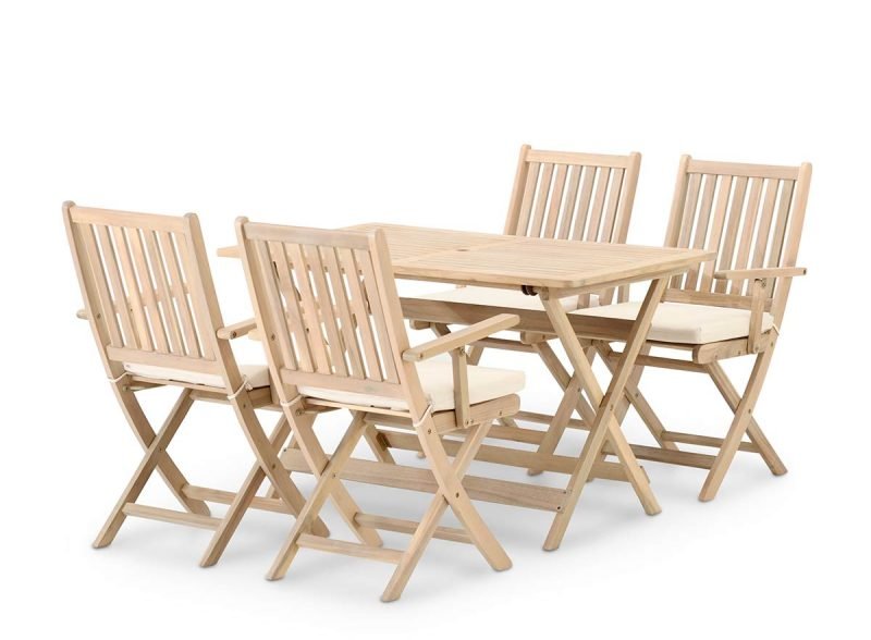 Set da pranzo da giardino tavolo pieghevole 120×70 + 4 sedie con braccioli con cuscini – Java Light