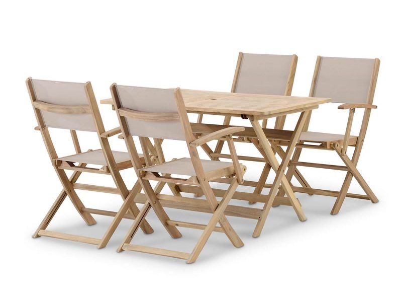 Conjunto de jardín comedor mesa plegable 120×70 + 4 sillas madera y textileno beige – Java Light
