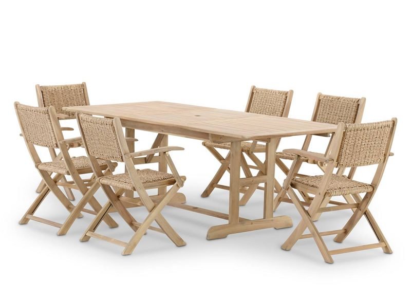 Conjunto de jardín comedor mesa extensible 150/210×90 + 6 sillas madera y ratán enea sintético con brazos – Java Light