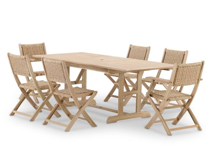 Set da pranzo da giardino tavolo allungabile 150/210×90 + 2 sedie in legno con bracciolo + 4 sedie senza braccioli sintetico enea rattan – Java Light