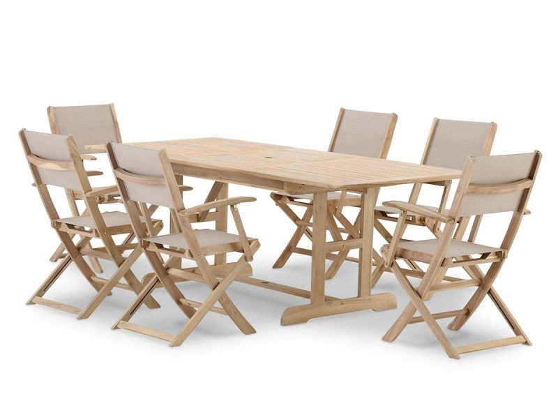 Conjunto de jardín comedor mesa extensible 150/210×90 + 6 sillas madera y textileno beige – Java Light