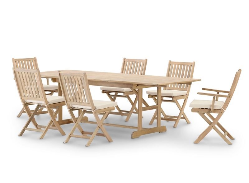Conjunto de jardín comedor mesa extensible 180/240×100 + 4 sillas sin brazos + 2 sillas con brazos con cojines- Java Light