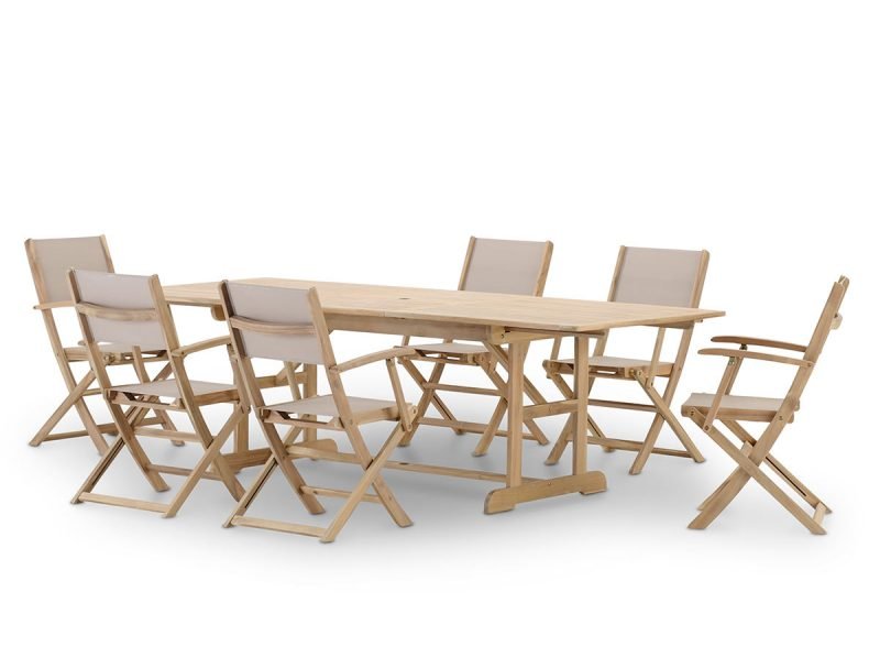 Set da pranzo da giardino tavolo allungabile 180/240×100 + 6 sedie legno e tessuto beige – Java Light