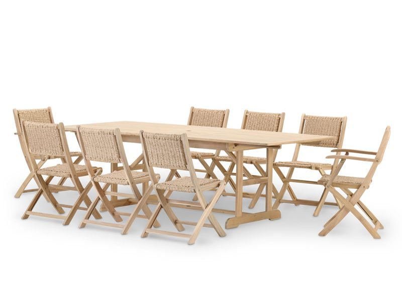 Ensemble salle à manger de jardin table extensible 180/240×100 + 2 chaises en bois avec bras + 6 chaises sans bras enea rotin synthétique – Java Light
