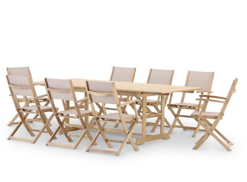 Conjunto de jardín comedor mesa extensible 180/240×100 + 8 sillas madera y textileno beige – Java Light