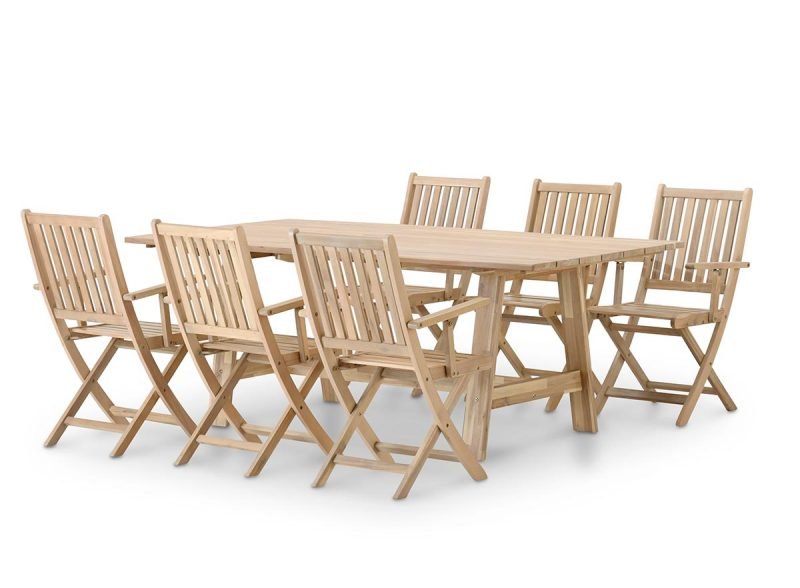 Conjunto de jardín comedor mesa fija lamas anchas 200×100 + 6 sillas con brazos – Java Light