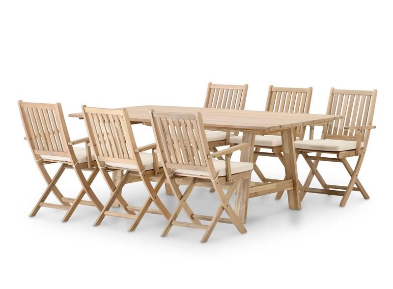 Conjunto de jardín comedor mesa fija lamas anchas 200×100 + 6 sillas con brazos con cojines – Java Light