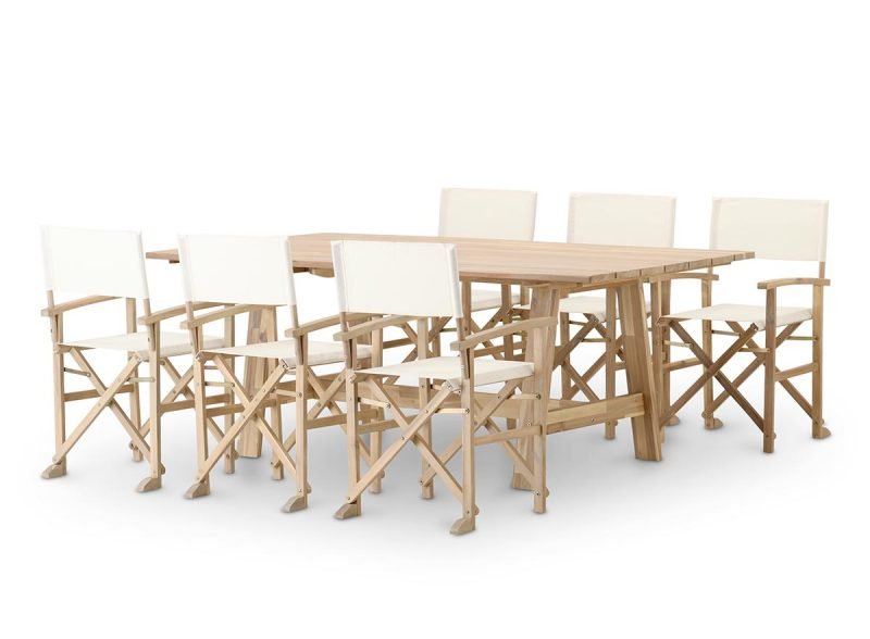 Ensemble salle à manger de jardin table fixe large lattes 200×100 + 6 chaises directeur brut – Java Light