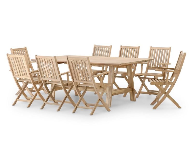Set da pranzo da giardino tavolo fisso doghe larghe 200×100 + 8 sedie con braccioli – Java Light